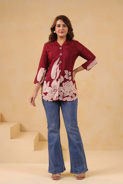 Maroon Russian Silk Printed Top