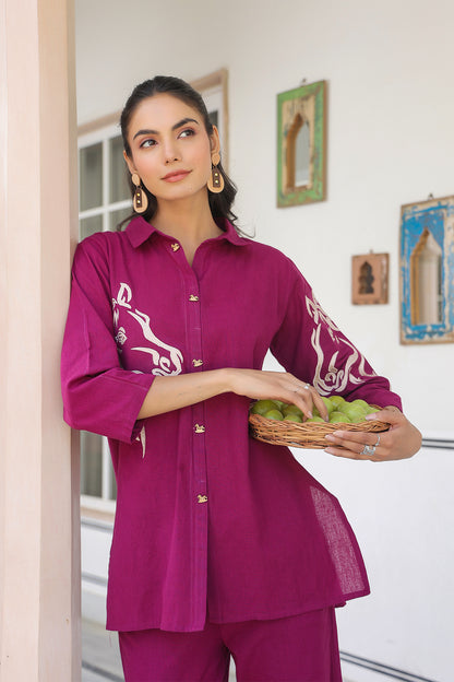 Wine Animal Print Cotton Flex Co Ord Set