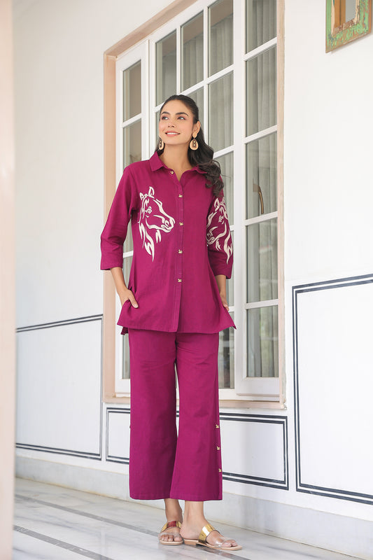 Wine Animal Print Cotton Flex Co Ord Set