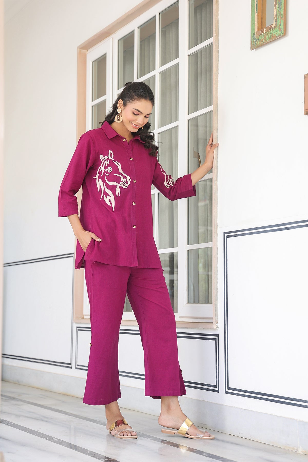 Wine Animal Print Cotton Flex Co Ord Set