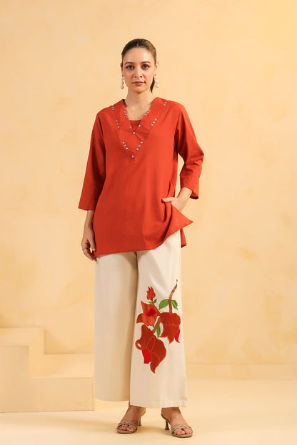 Rust Cotton Flex Floral Print Co-Ord Set