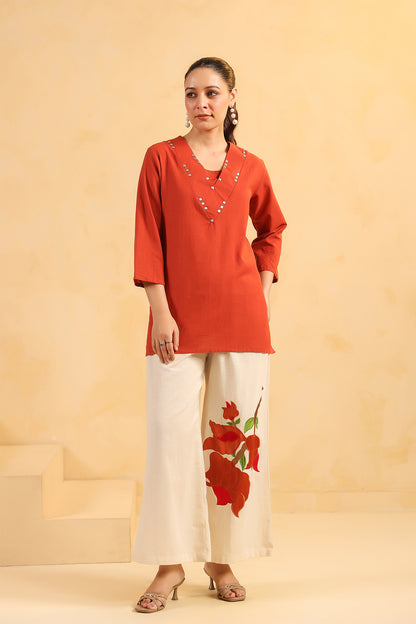 Rust Cotton Flex Floral Print Co-Ord Set