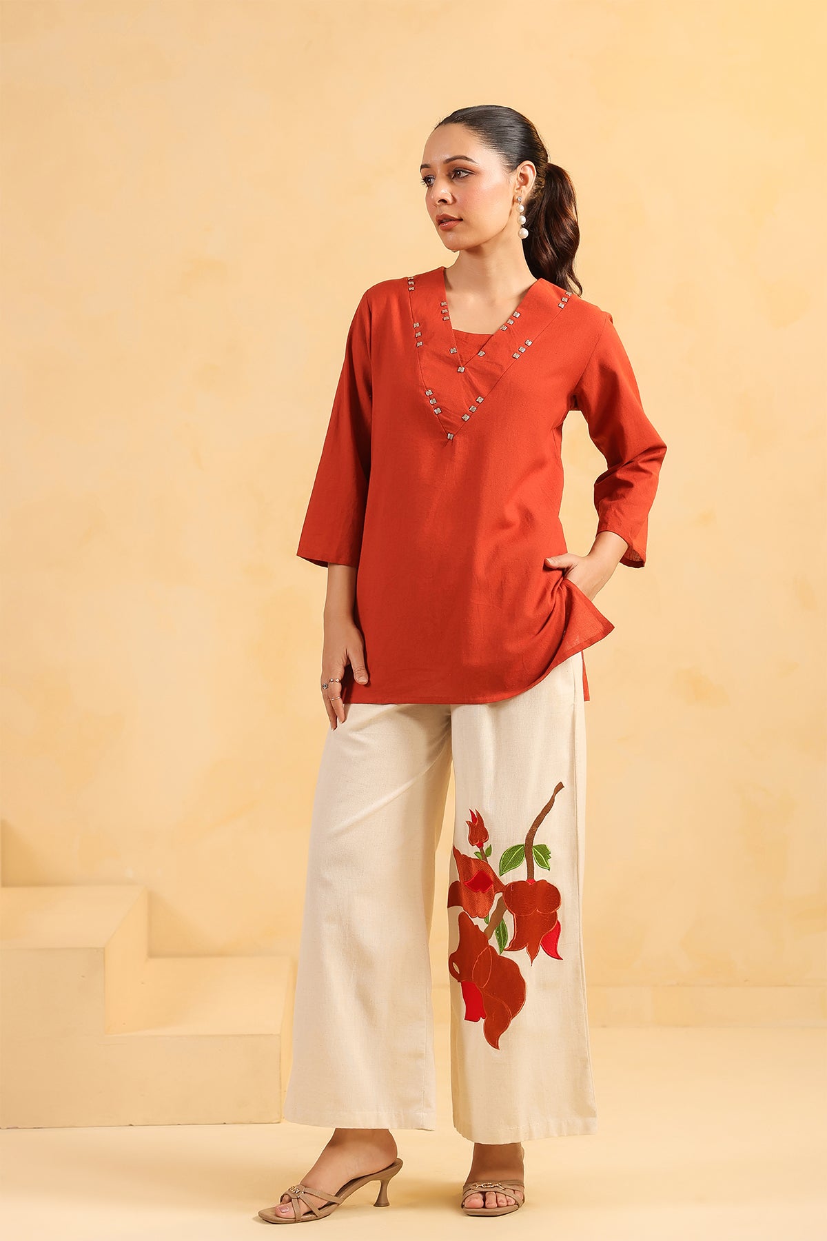 Rust Cotton Flex Floral Print Co-Ord Set