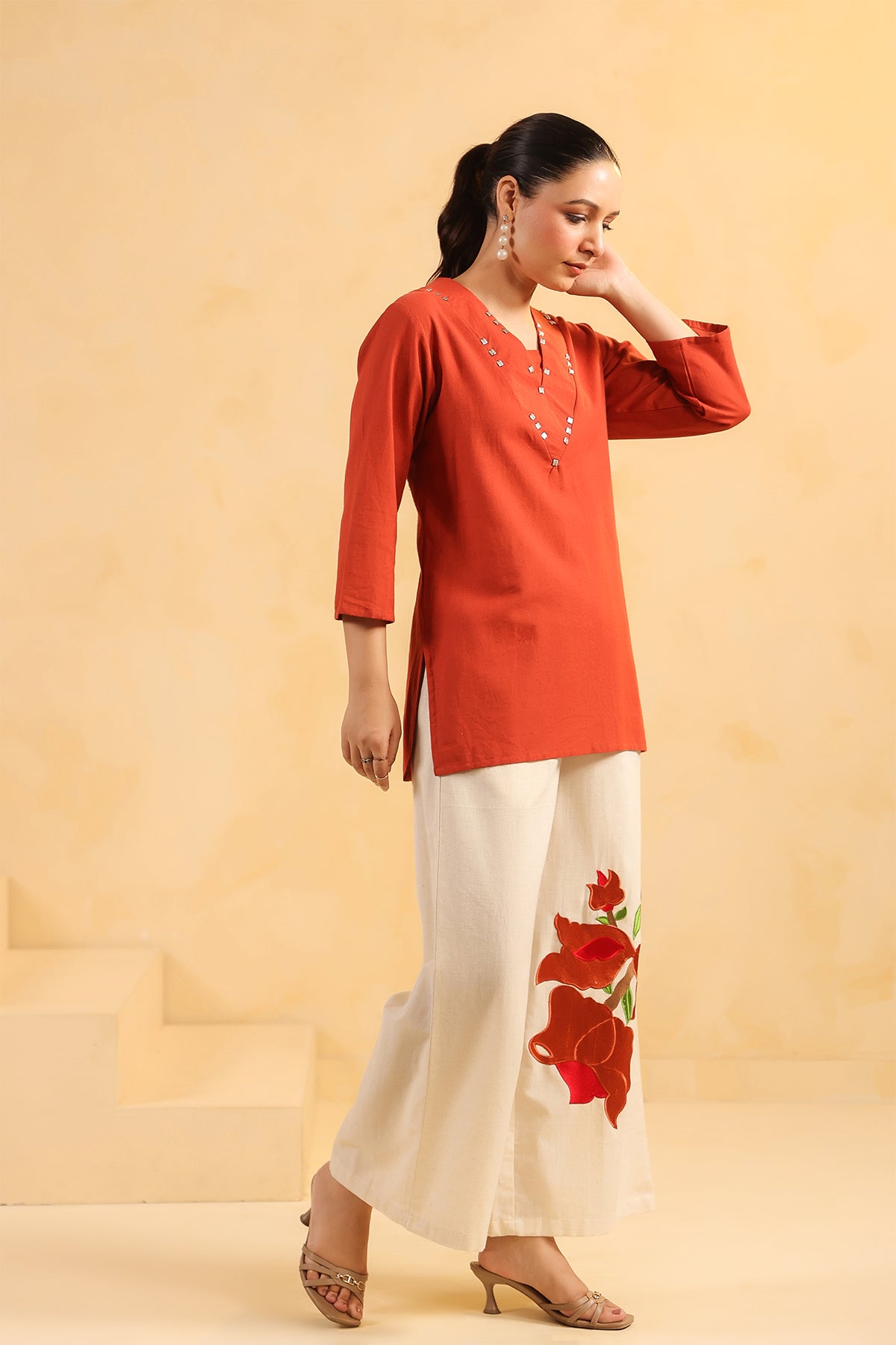 Rust Cotton Flex Floral Print Co-Ord Set