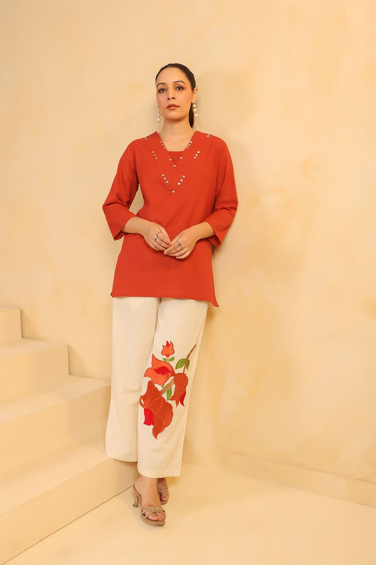 Rust Cotton Flex Floral Print Co-Ord Set