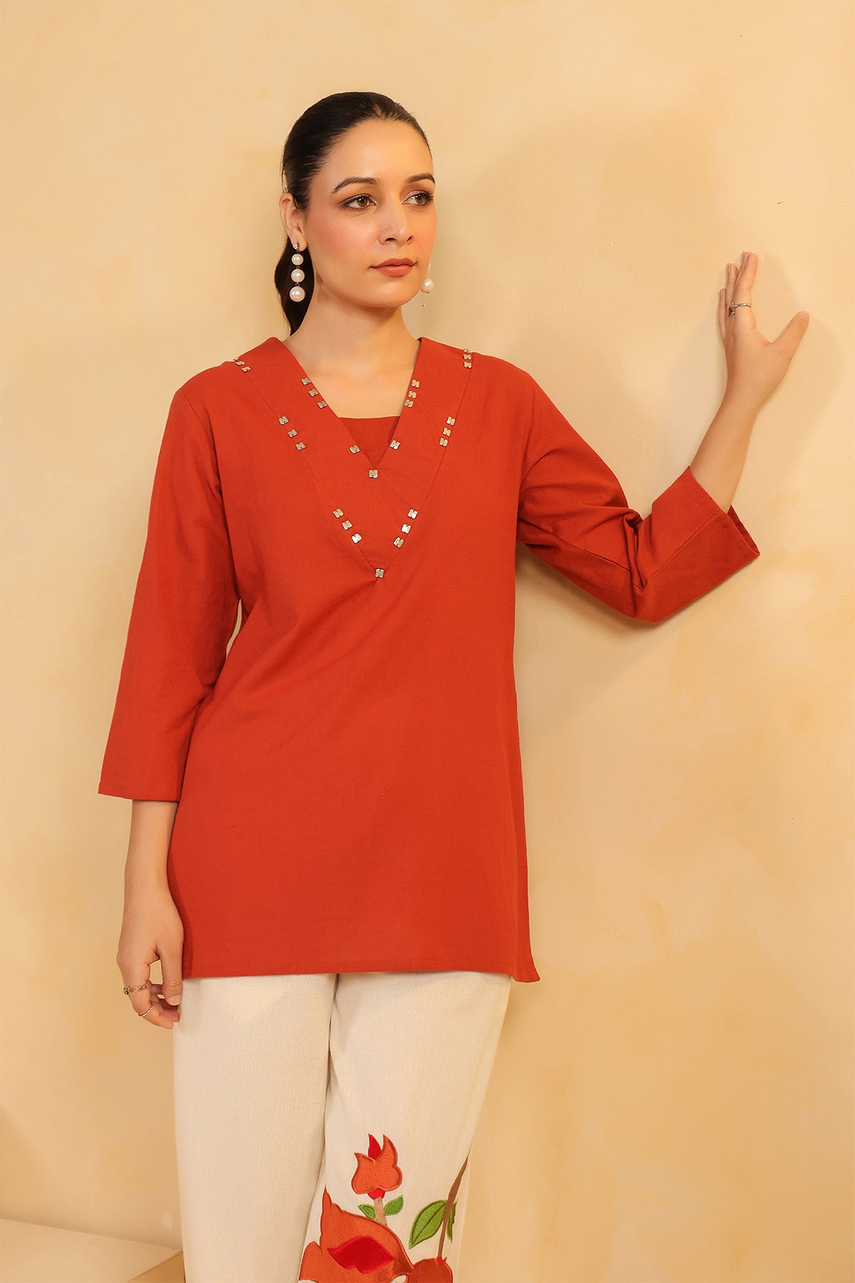 Rust Cotton Flex Floral Print Co-Ord Set