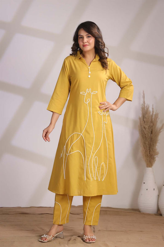 Yellow Printed Russian Silk Co-Ord Set for Women