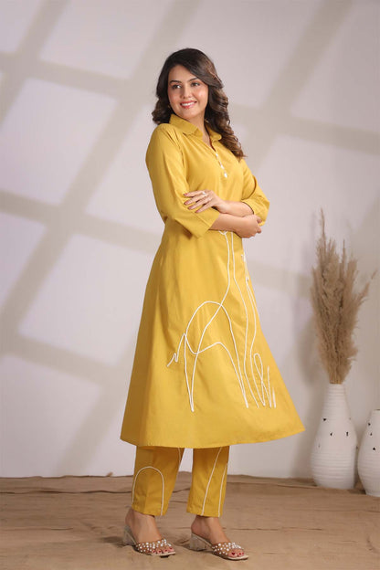 Yellow Printed Russian Silk Co-Ord Set for Women