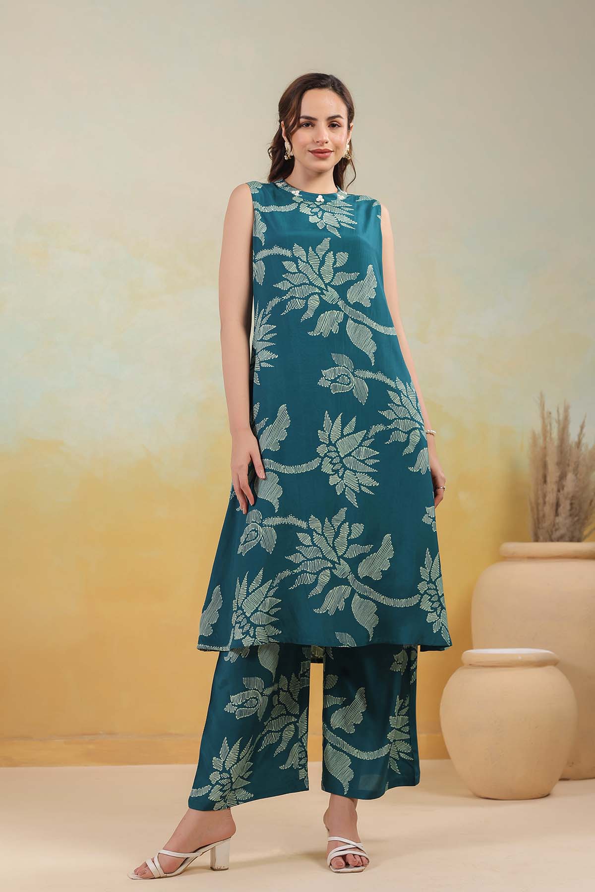 Blue Printed Russian Silk Co-Ord Set for Women