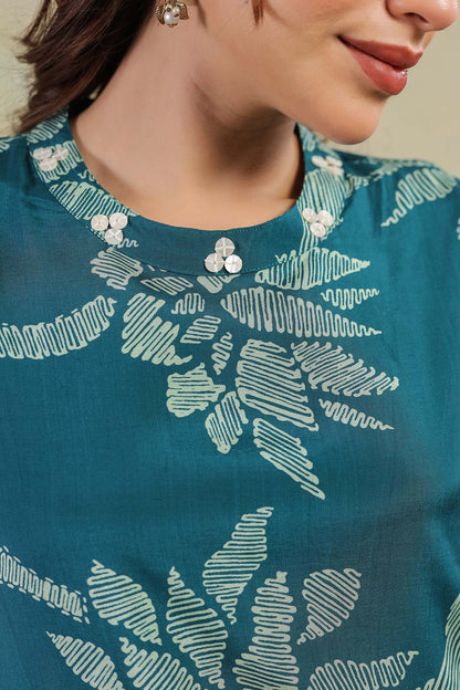 Blue Printed Russian Silk Co-Ord Set for Women