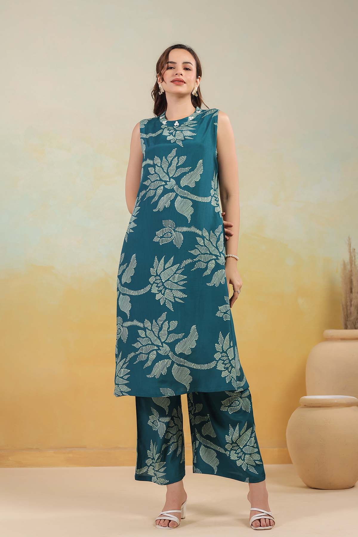 Blue Printed Russian Silk Co-Ord Set for Women