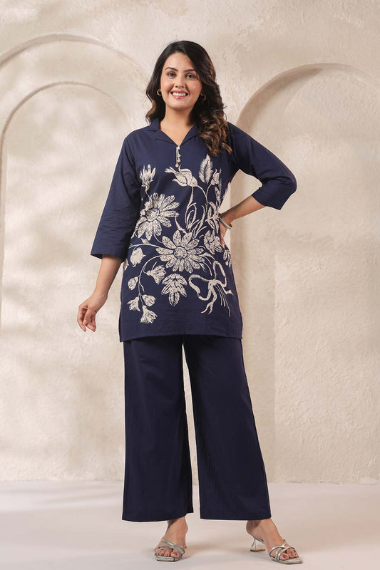 Navy Printed Russian Silk Co-Ord Set for Women