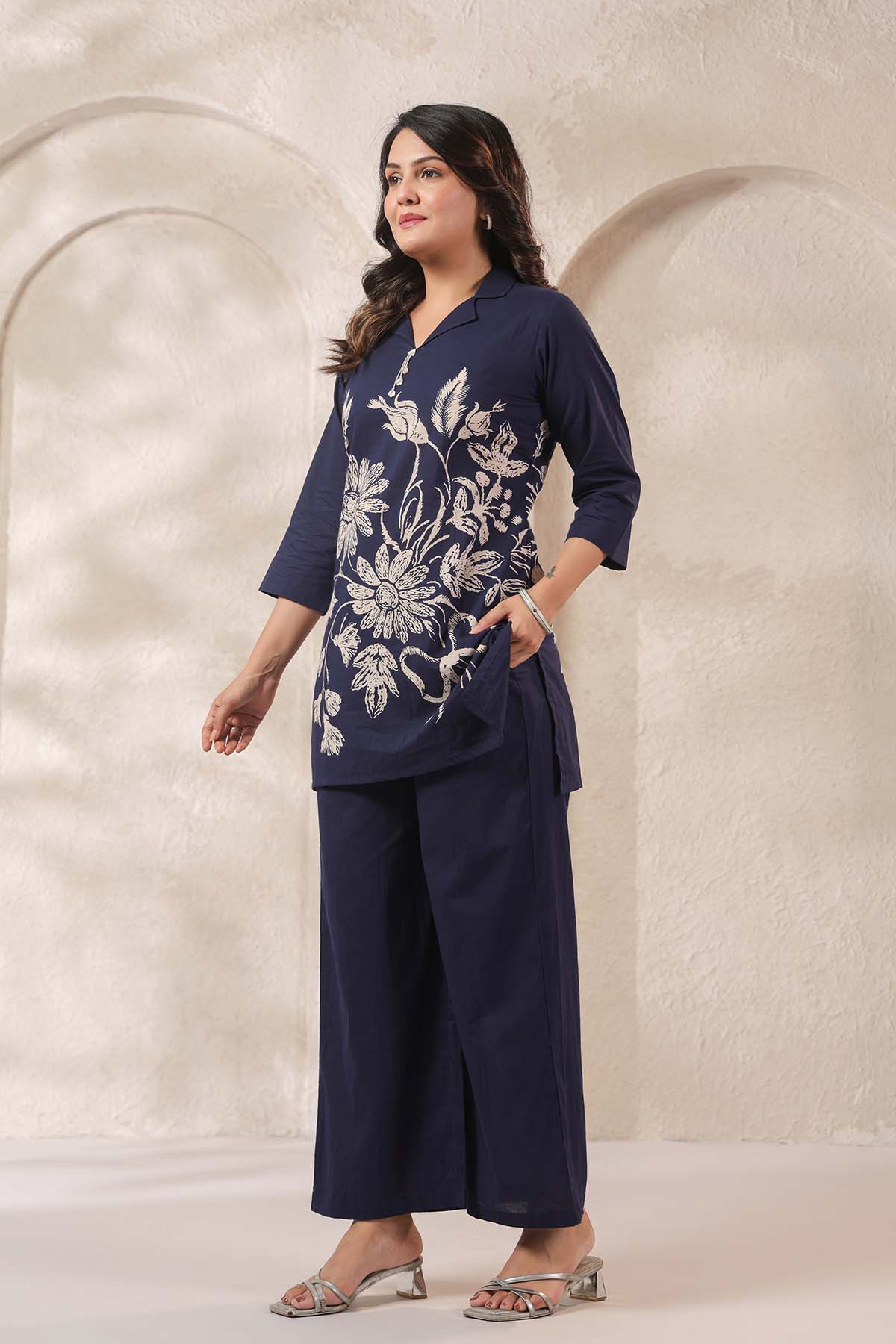 Navy Printed Russian Silk Co-Ord Set for Women