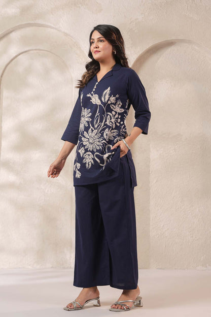 Navy Printed Russian Silk Co-Ord Set for Women