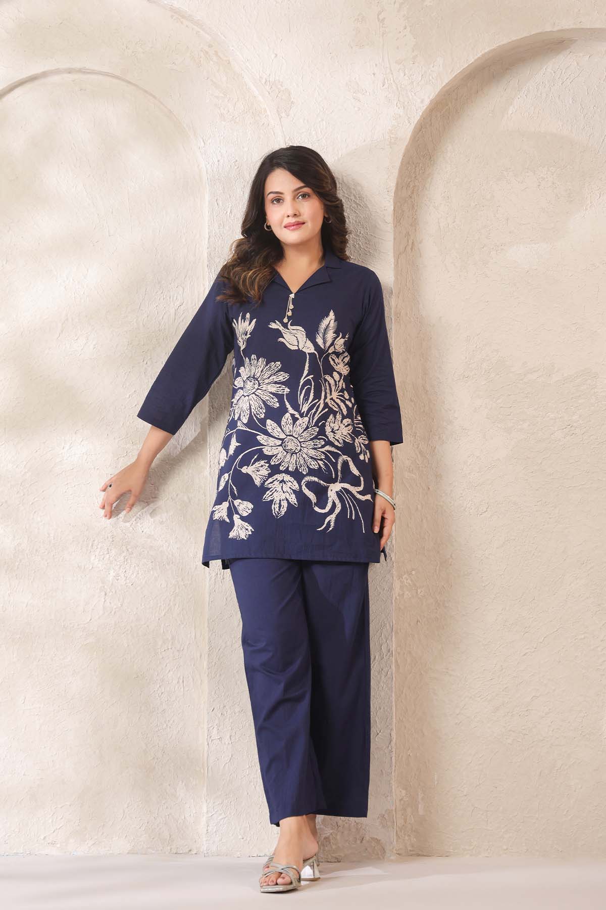 Navy Printed Russian Silk Co-Ord Set for Women