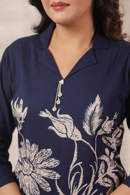 Navy Printed Russian Silk Co-Ord Set for Women