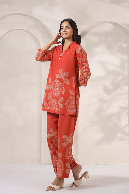 Orange Printed Russian Silk Co-Ord Set for Women