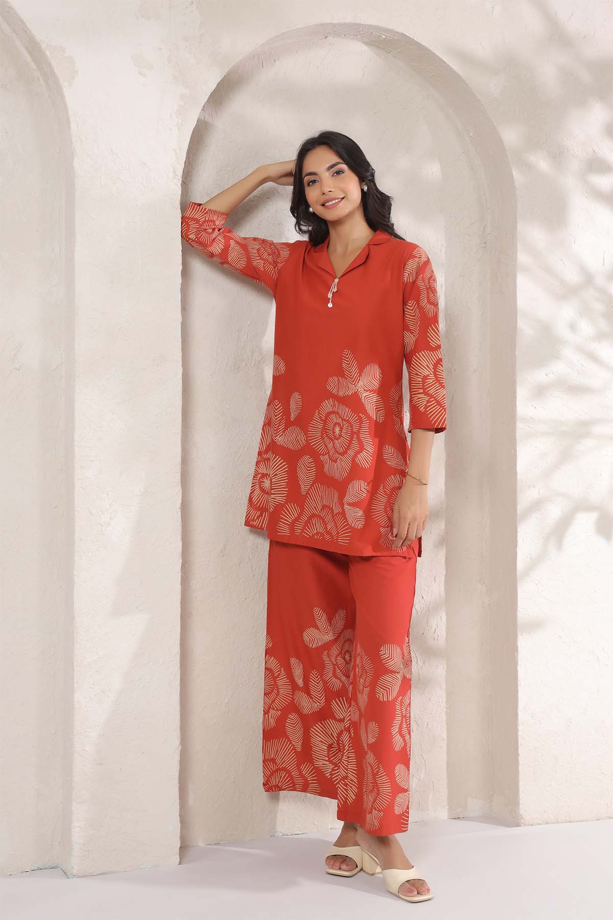 Orange Printed Russian Silk Co-Ord Set for Women