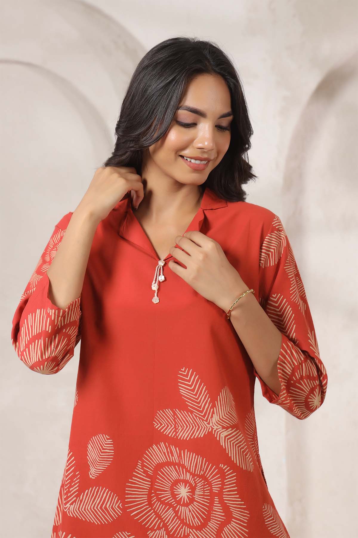 Orange Printed Russian Silk Co-Ord Set for Women