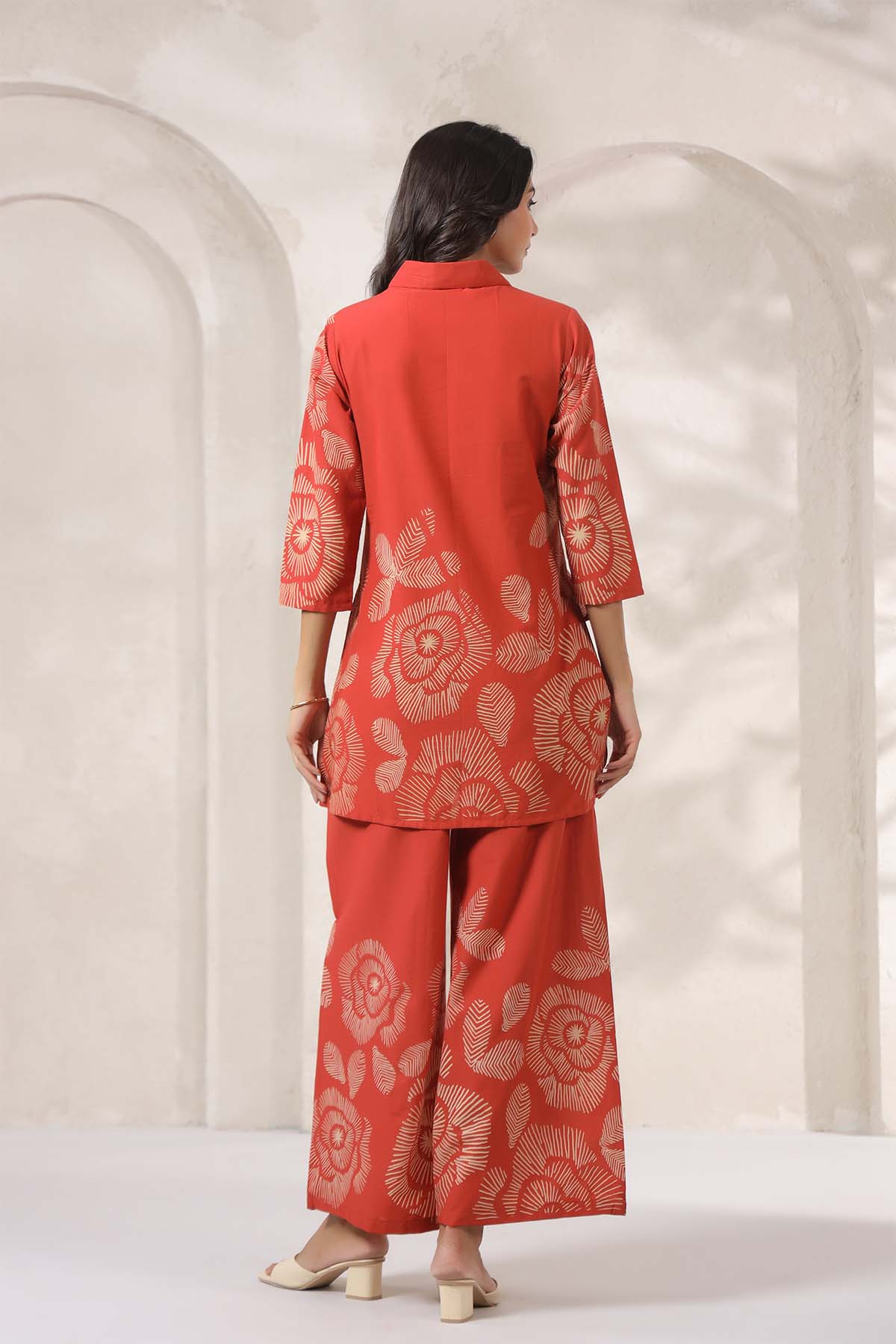 Orange Printed Russian Silk Co-Ord Set for Women