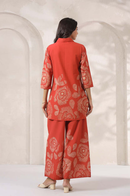 Orange Printed Russian Silk Co-Ord Set for Women
