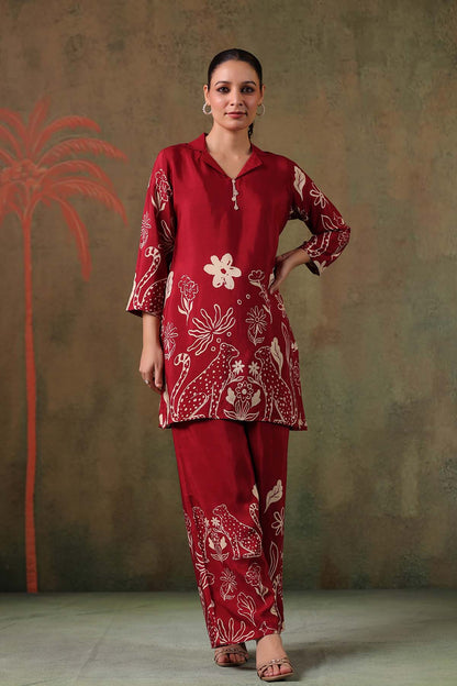 Maroon Printed Russian Silk Co-Ord Set for Women