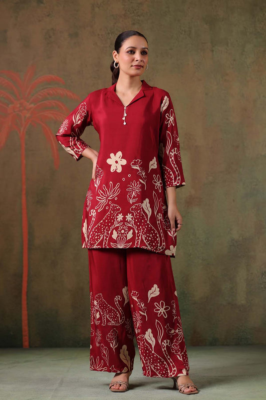 Maroon Printed Russian Silk Co-Ord Set for Women