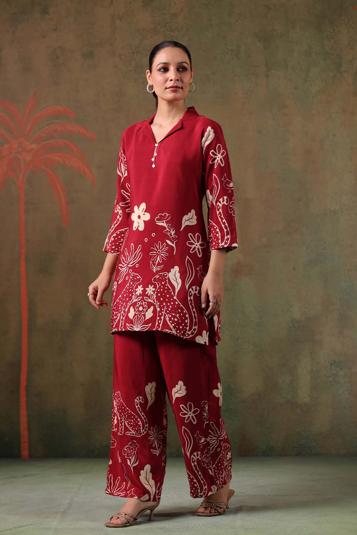 Maroon Printed Russian Silk Co-Ord Set for Women