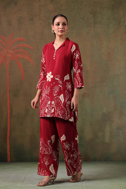 Maroon Printed Russian Silk Co-Ord Set for Women