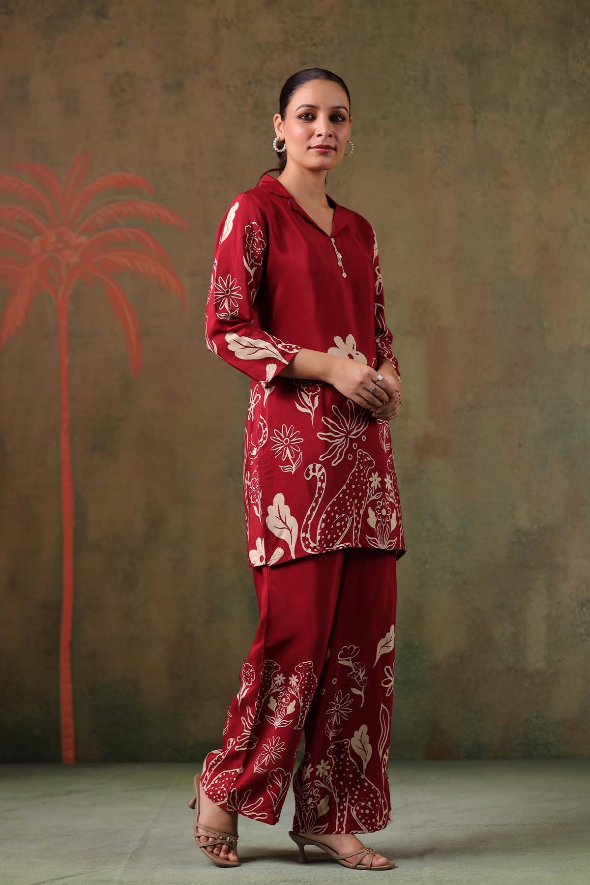 Maroon Printed Russian Silk Co-Ord Set for Women