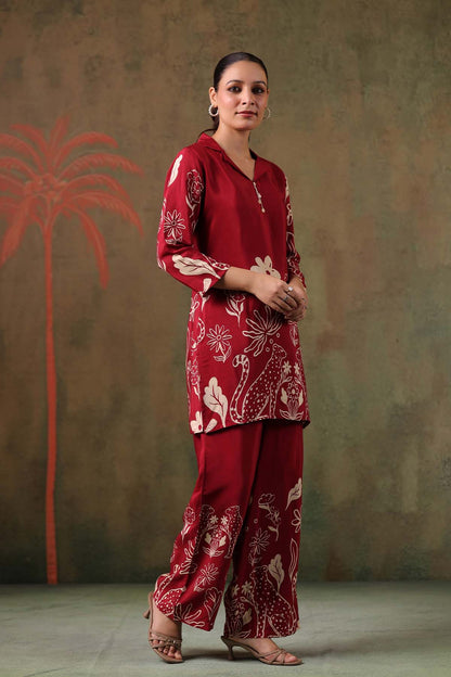 Maroon Printed Russian Silk Co-Ord Set for Women