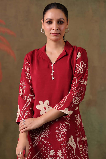 Maroon Printed Russian Silk Co-Ord Set for Women