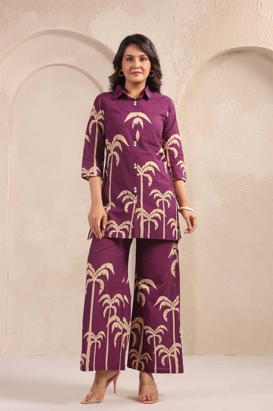 Purple Printed Russian Silk Co-Ord Set for Women
