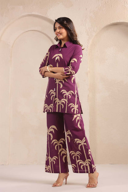 Purple Printed Russian Silk Co-Ord Set for Women