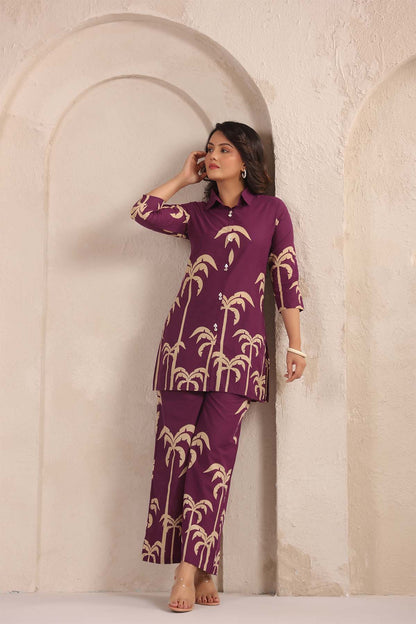Purple Printed Russian Silk Co-Ord Set for Women