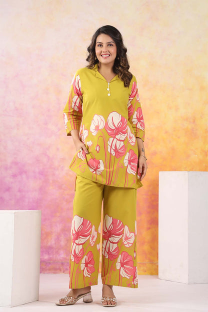 Yellow Printed Russian Silk Co-Ord Set for Women