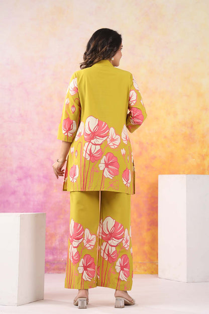 Yellow Printed Russian Silk Co-Ord Set for Women