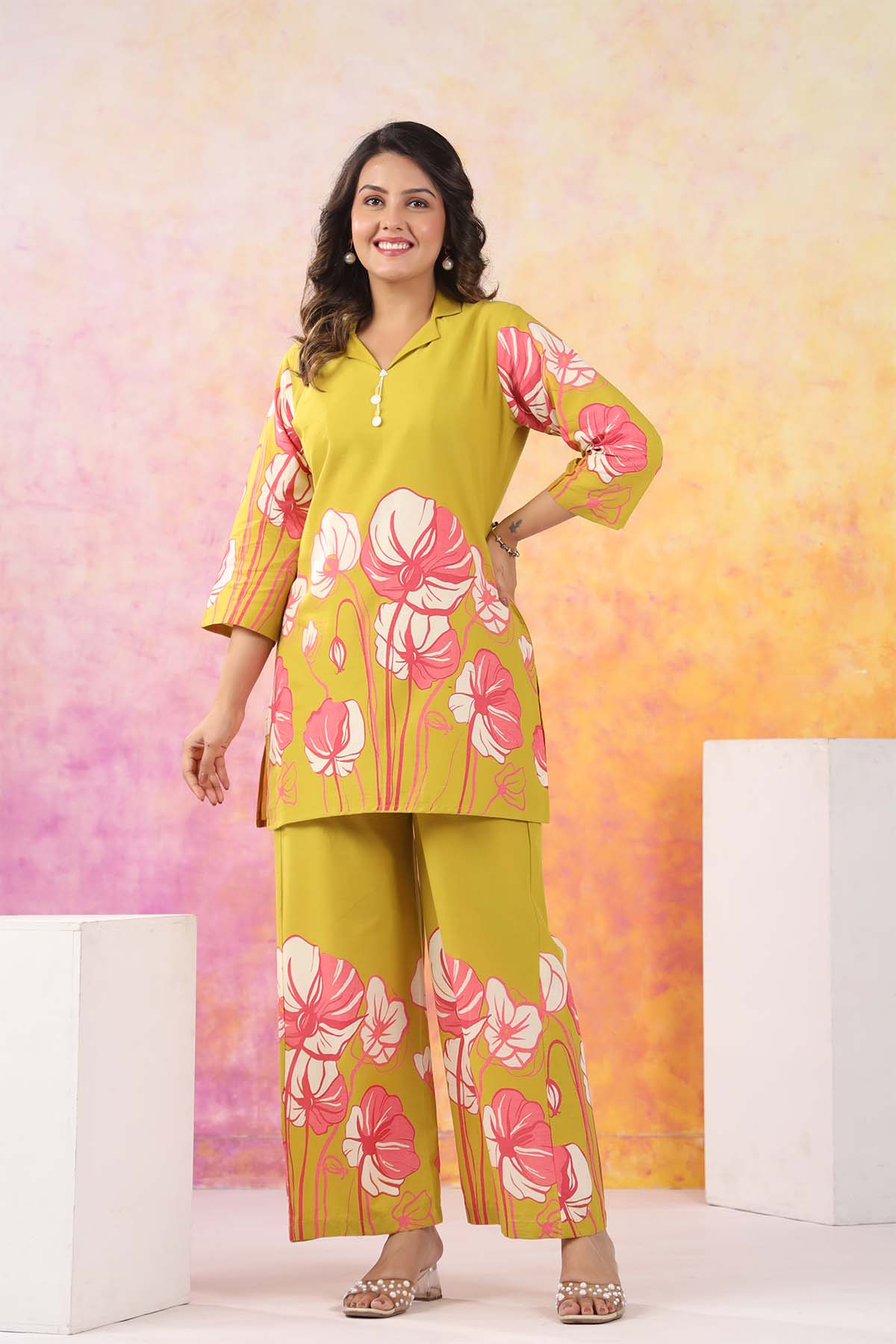 Yellow Printed Russian Silk Co-Ord Set for Women