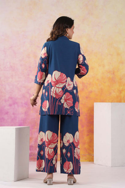 Navy Printed Russian Silk Co-Ord Set for Women