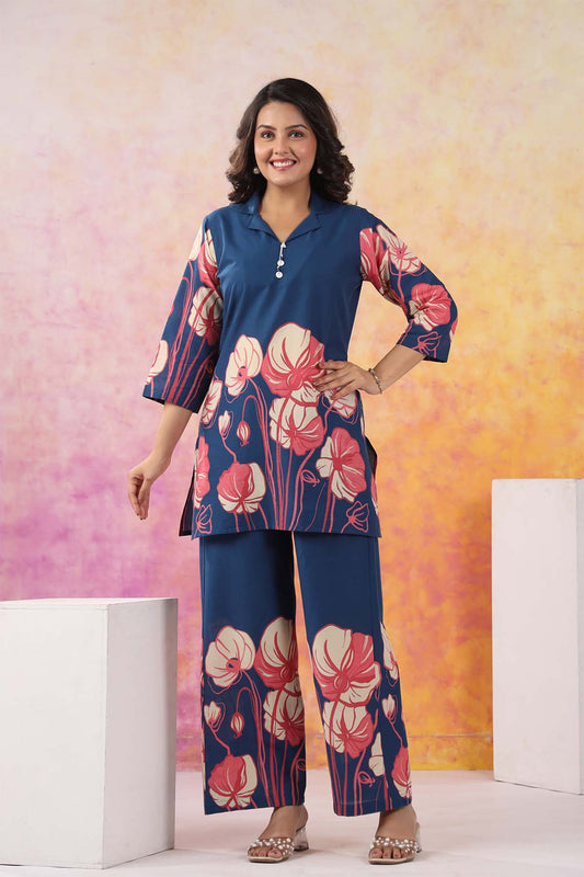 Navy Printed Russian Silk Co-Ord Set for Women