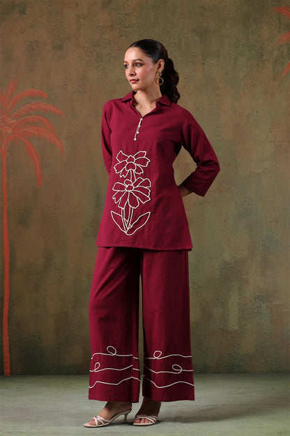 Wine Cotton Flex Co-Ord Set