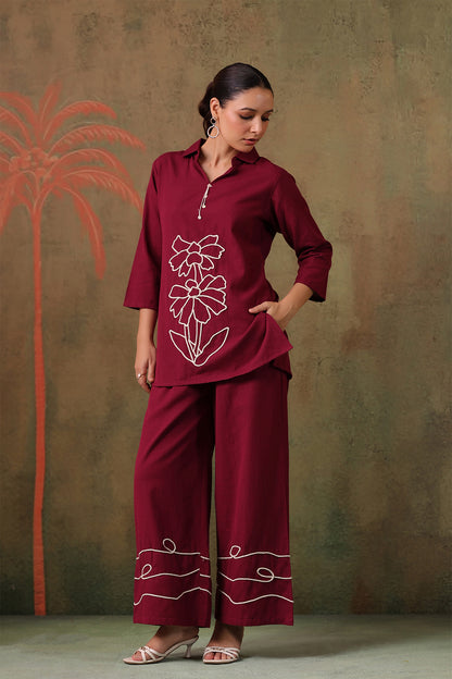 Wine Cotton Flex Co-Ord Set