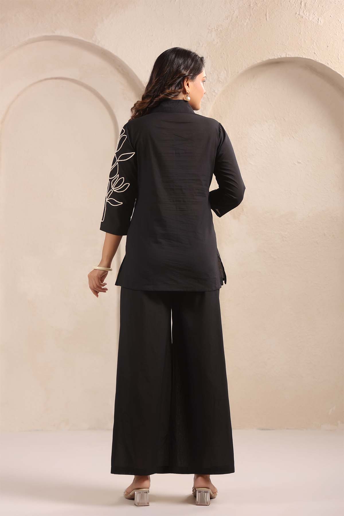 Black Printed Russian Silk Co-Ord Set for Women