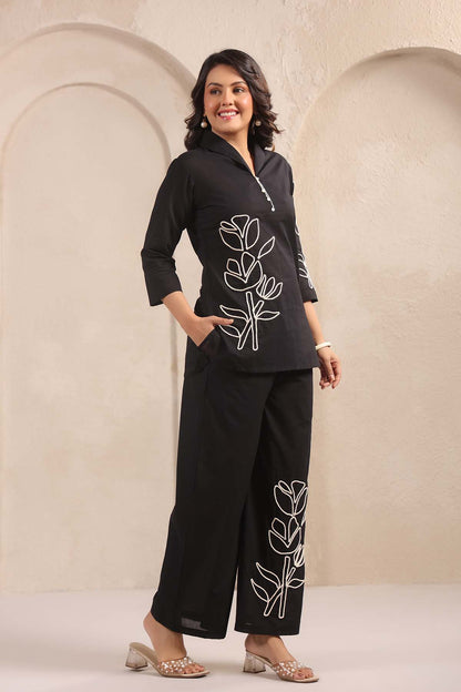 Black Printed Russian Silk Co-Ord Set for Women