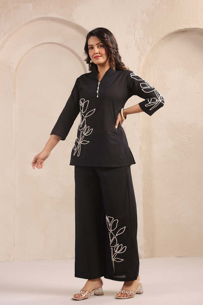 Black Printed Russian Silk Co-Ord Set for Women