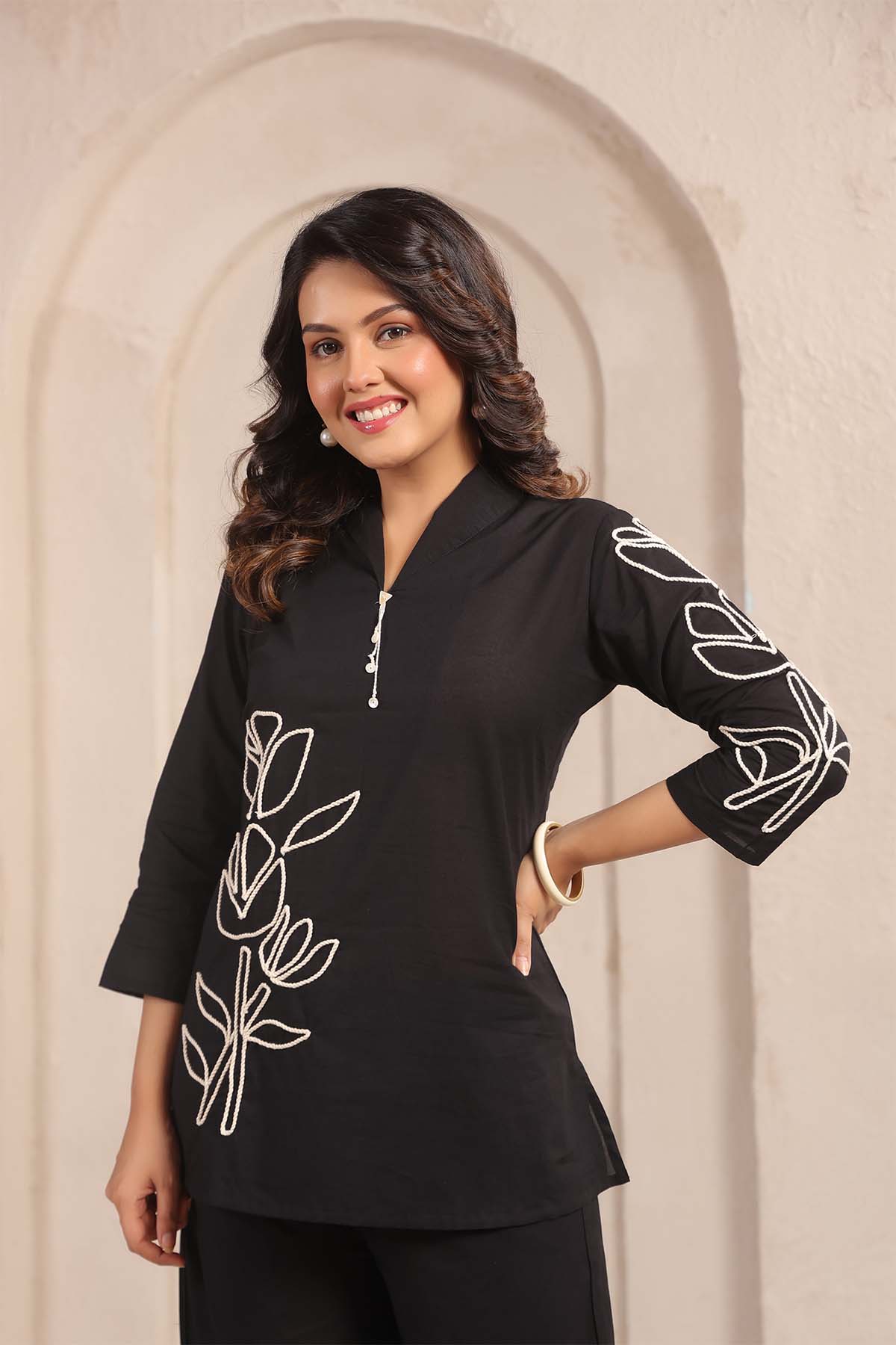 Black Printed Russian Silk Co-Ord Set for Women