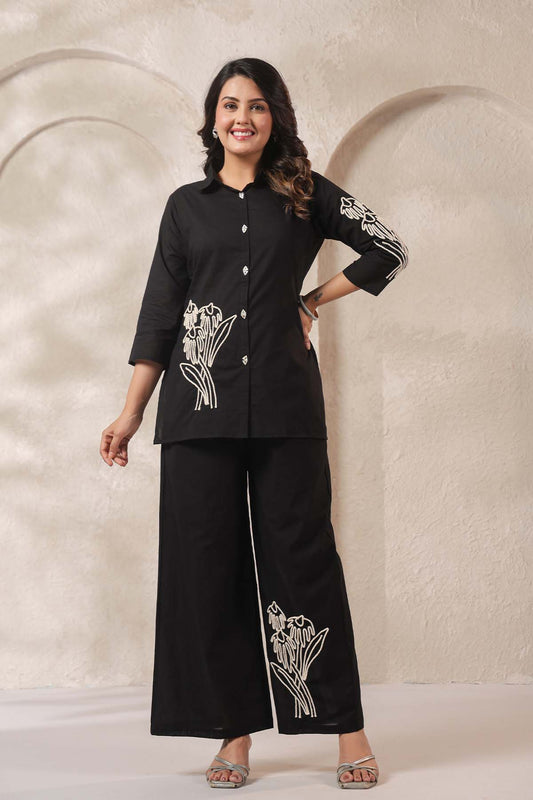 Black Printed Russian Silk Co-Ord Set for Women