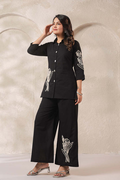 Black Printed Russian Silk Co-Ord Set for Women