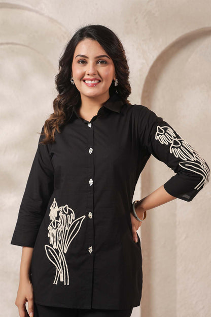 Black Printed Russian Silk Co-Ord Set for Women