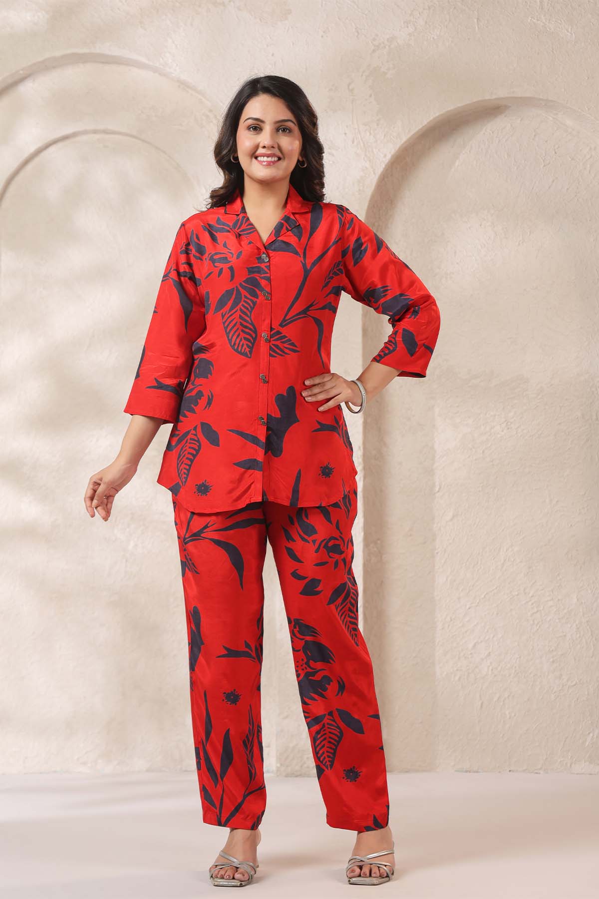 Red Printed Russian Silk Co-Ord Set for Women
